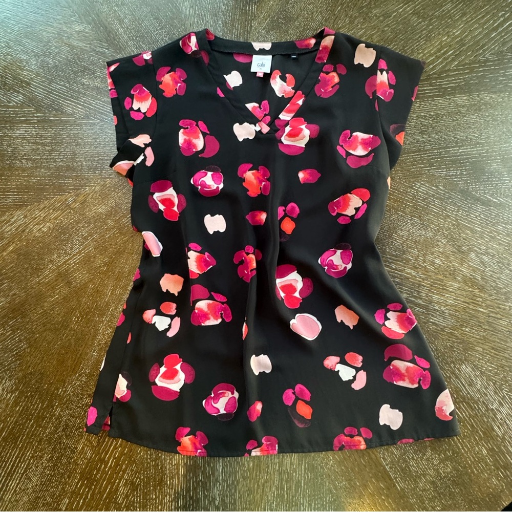 CAbi Black Satin Floral V-Neck Cap Sleeve Top with Pink & Coral Accents
